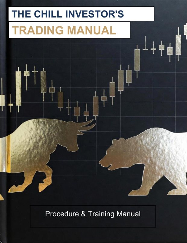 Cover of The Chill Investor's Trading Manual: gold-foil bull and bear facing off beneath a rising row of candlesticks on a black grid, subtitled Procedure & Training Manual.